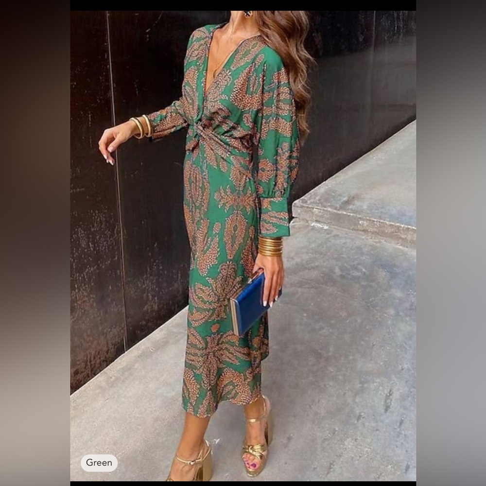 Elegant Green and Brown Patterned Dress